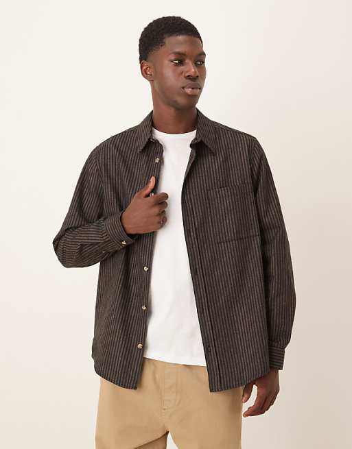 ASOS DESIGN relaxed shirt with pocket in navy and brown stripe