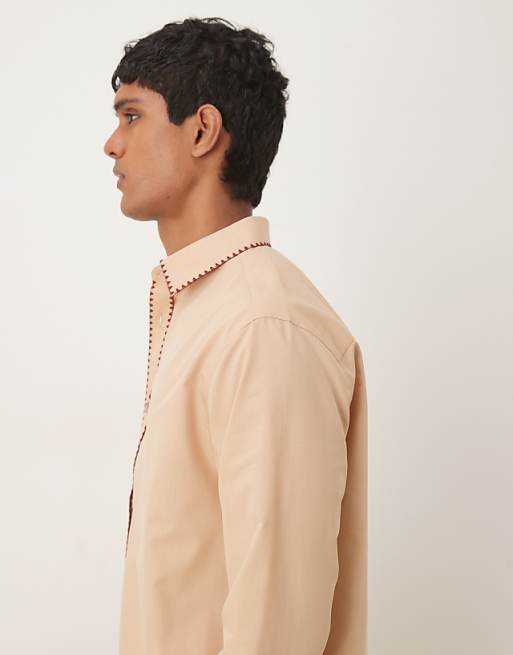 ASOS DESIGN Relaxed Shirt With Stitch Detail In Beige