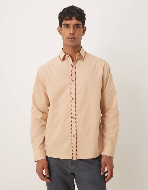 ASOS DESIGN relaxed shirt with stitch detail in beige