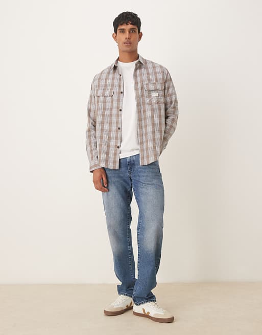 ASOS DESIGN Relaxed Shirt With Workwear Badge Detail In Brown Check