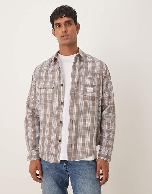 ASOS DESIGN relaxed shirt with workwear badge detail in brown check