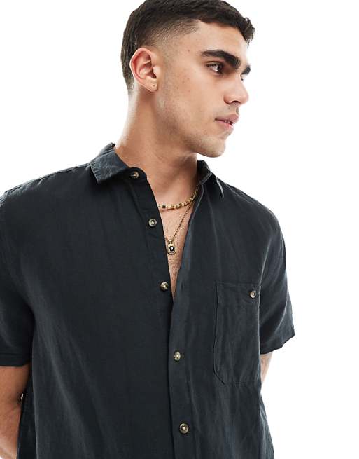 ASOS DESIGN Relaxed Short Sleeve Shirt In Linen Mix In Black