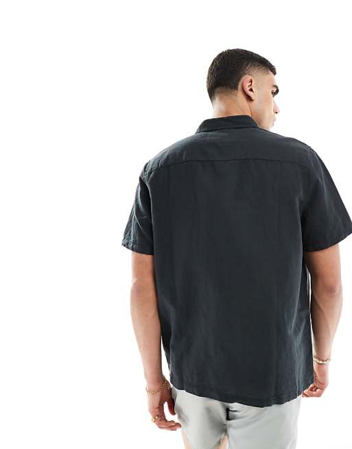ASOS DESIGN Relaxed Short Sleeve Shirt In Linen Mix In Black