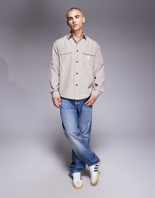 ASOS DESIGN Relaxed Stripe Shirt With Workwear Badge Detail In Brown Stripe