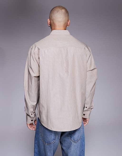ASOS DESIGN Relaxed Stripe Shirt With Workwear Badge Detail In Brown Stripe