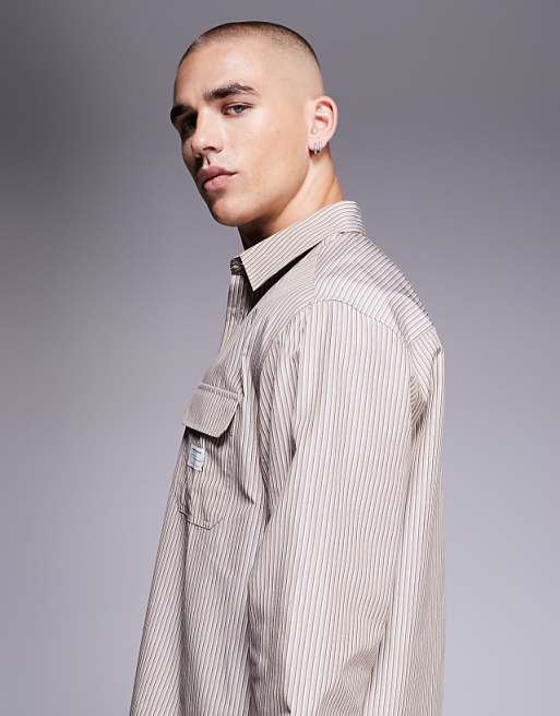 ASOS DESIGN Relaxed Stripe Shirt With Workwear Badge Detail In Brown Stripe