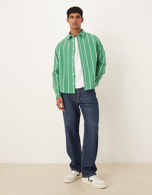 ASOS DESIGN Relaxed Striped Shirt With Square Collar In Green