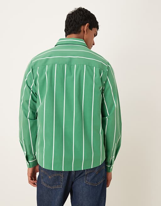 ASOS DESIGN Relaxed Striped Shirt With Square Collar In Green