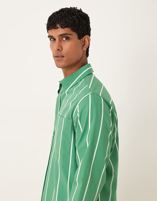 ASOS DESIGN Relaxed Striped Shirt With Square Collar In Green