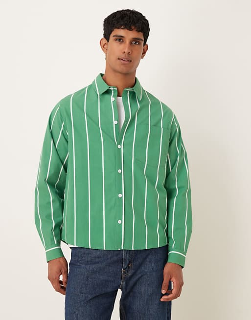 ASOS DESIGN relaxed striped shirt with square collar in green