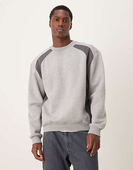 ASOS DESIGN relaxed sweatshirt with contrast panels and piping in grey marl