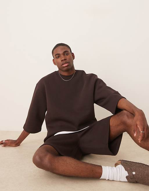 ASOS DESIGN relaxed sweatshirt with short sleeves in brown