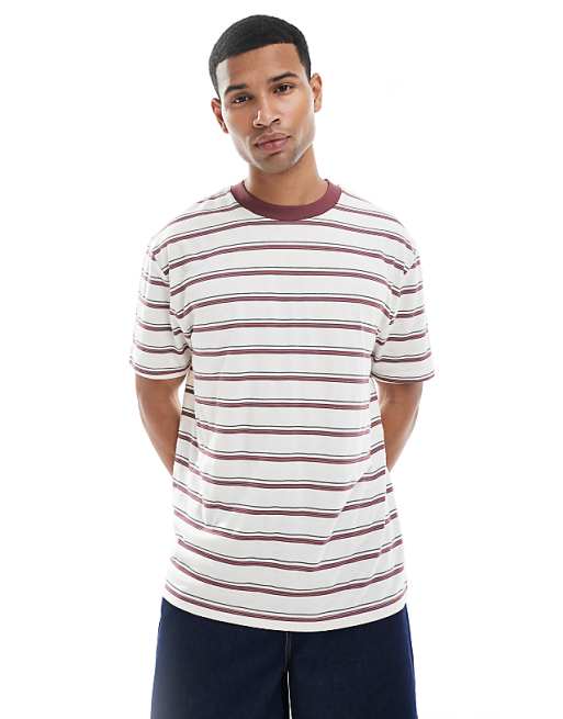 ASOS DESIGN Relaxed T-shirt In Burgundy And Off White Stripe