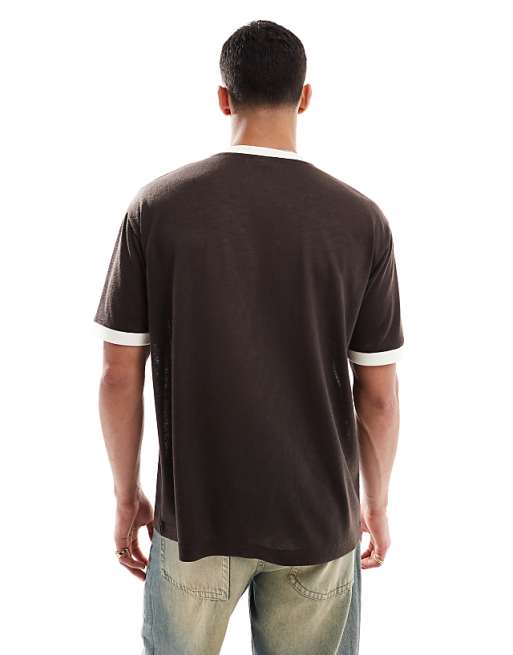 ASOS DESIGN Relaxed T-shirt With Contrast Details In Brown Linen Look
