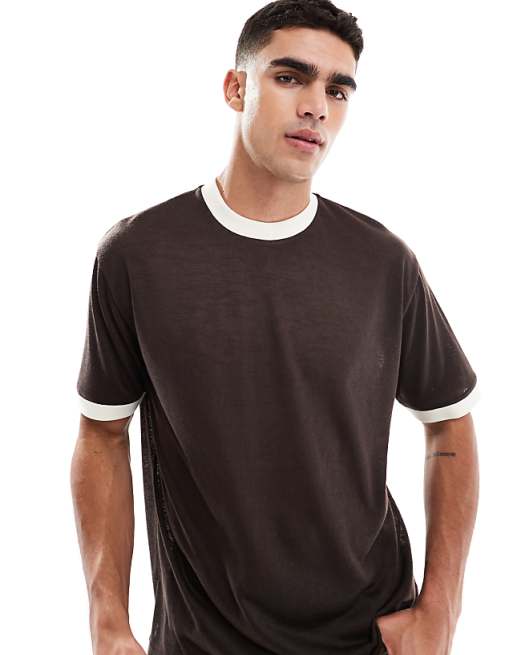ASOS DESIGN Relaxed T-shirt With Contrast Details In Brown Linen Look