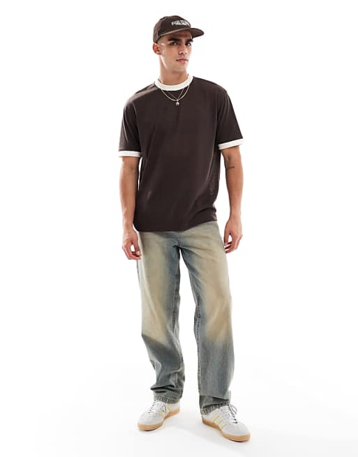 ASOS DESIGN Relaxed T-shirt With Contrast Details In Brown Linen Look