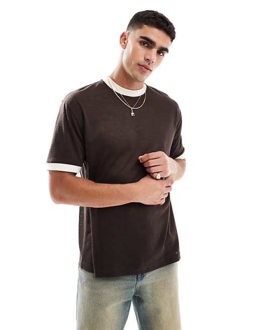 ASOS DESIGN relaxed t-shirt with contrast details in brown linen look