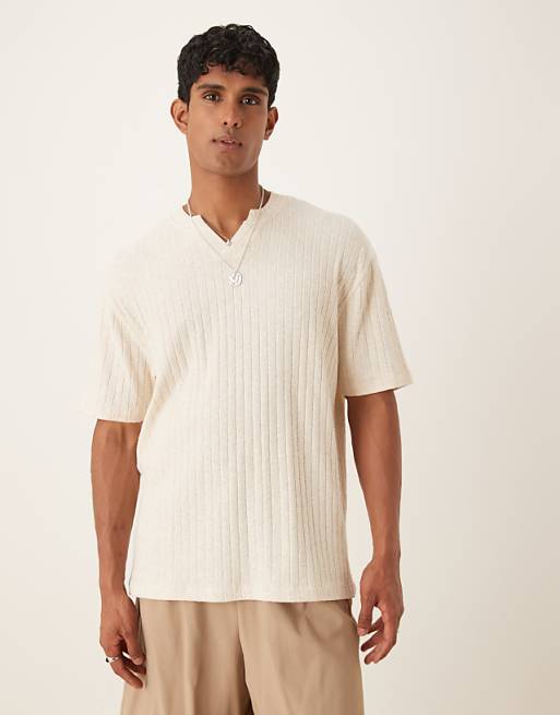 ASOS DESIGN relaxed t-shirt with notch detail in beige