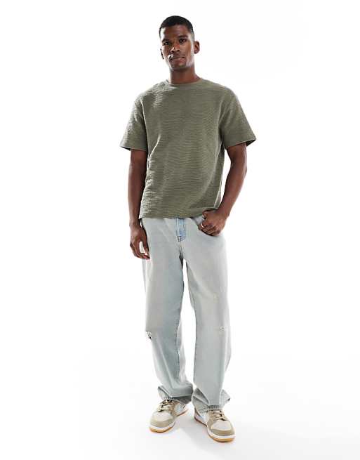 ASOS DESIGN Relaxed T-shirt With Split Hem In Khaki Boucle