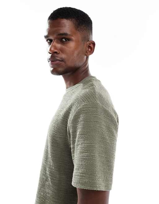 ASOS DESIGN Relaxed T-shirt With Split Hem In Khaki Boucle