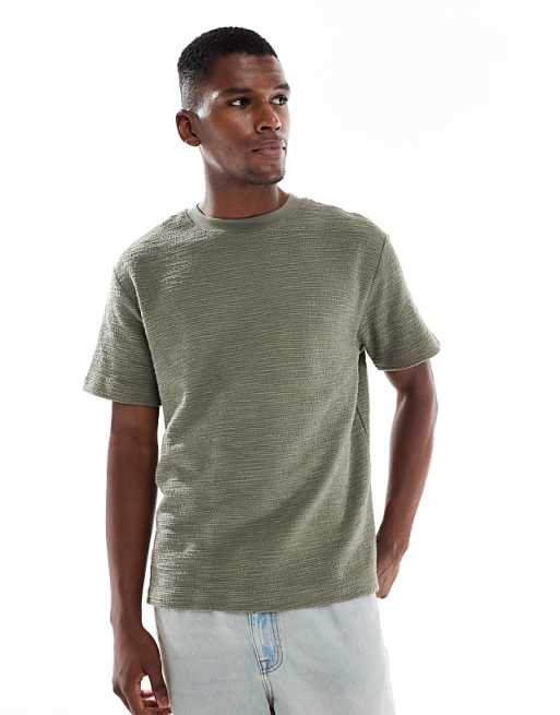 ASOS DESIGN relaxed t-shirt with split hem in khaki boucle