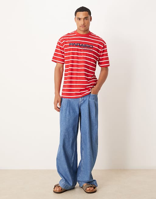 ASOS DESIGN Relaxed T-shirt With Sports Graphic In Red And White Stripe