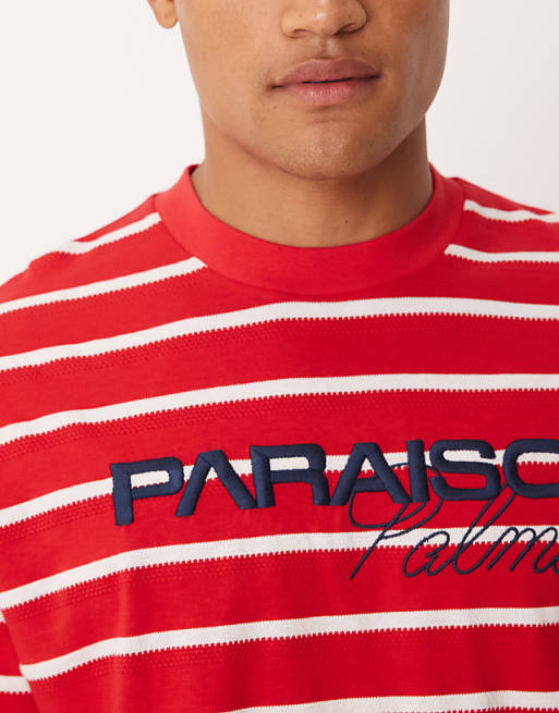 ASOS DESIGN Relaxed T-shirt With Sports Graphic In Red And White Stripe