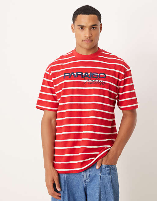 ASOS DESIGN relaxed t-shirt with sports graphic in red and white stripe