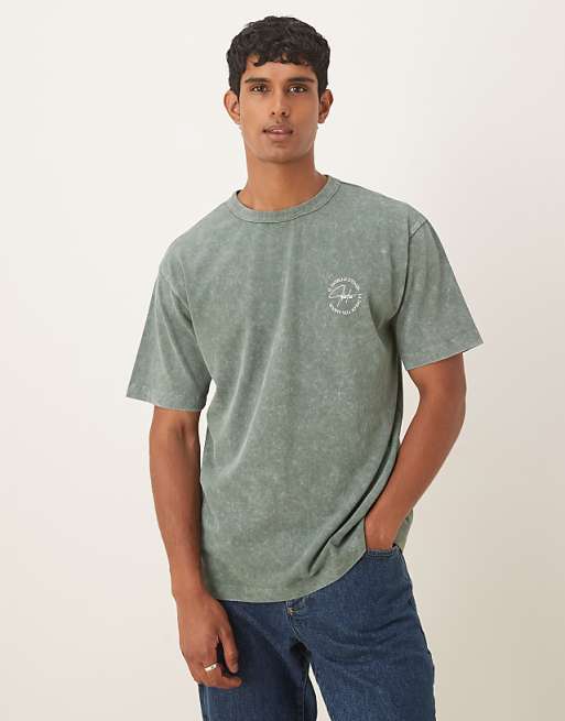 ASOS DESIGN Relaxed T-shirt With Text Graphic In Washed Khaki