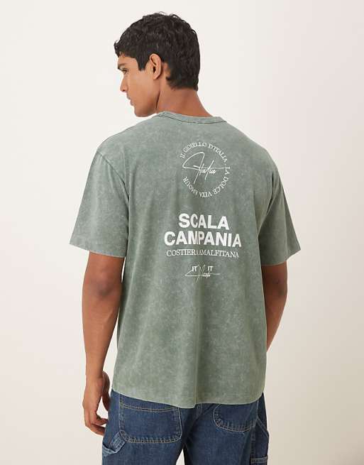 ASOS DESIGN relaxed t-shirt with text graphic in washed khaki