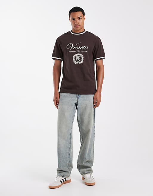 ASOS DESIGN Relaxed T-shirt With Tipping Detail And Embroidered Graphic In Brown