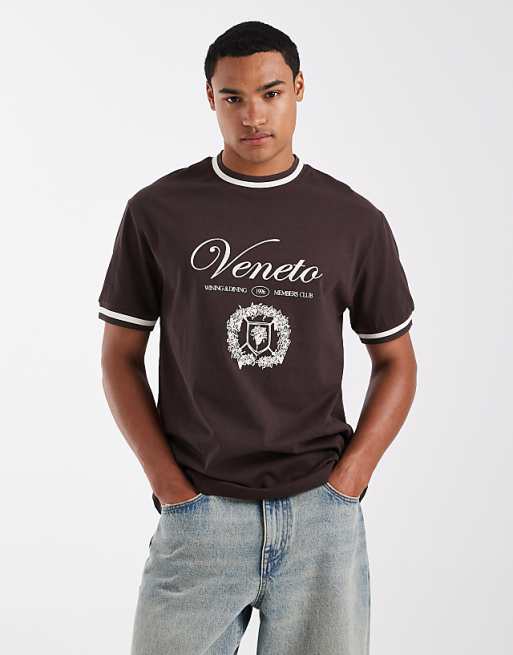ASOS DESIGN relaxed t-shirt with tipping detail and embroidered graphic in brown