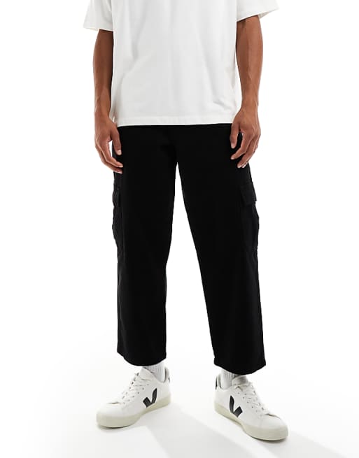 ASOS DESIGN Relaxed Tapered Cargo Trousers In Black With Pleats