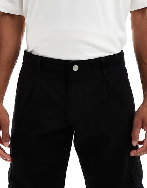 ASOS DESIGN Relaxed Tapered Cargo Trousers In Black With Pleats