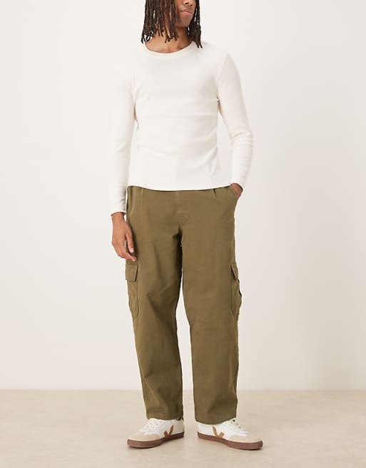 ASOS DESIGN relaxed tapered cargo trousers in khaki with pleats