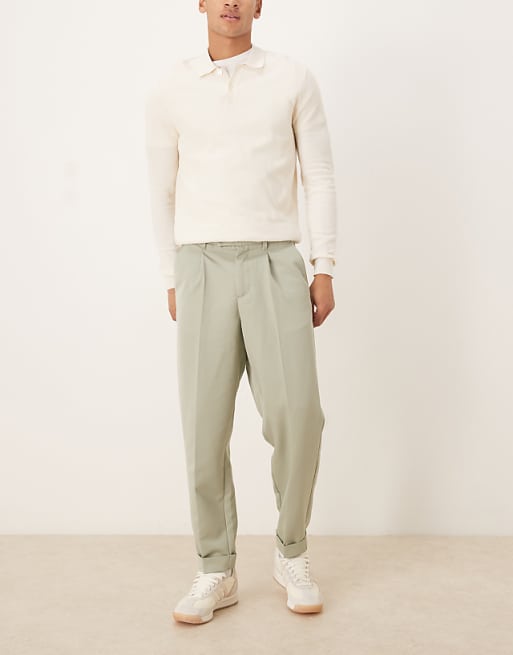ASOS DESIGN Relaxed Tapered Fit Smart Trousers With Turnup In Sage Green