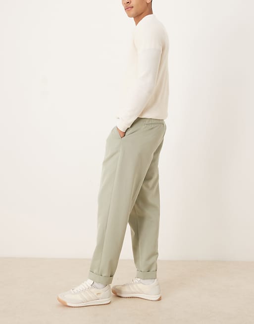 ASOS DESIGN Relaxed Tapered Fit Smart Trousers With Turnup In Sage Green