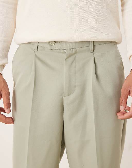 ASOS DESIGN Relaxed Tapered Fit Smart Trousers With Turnup In Sage Green