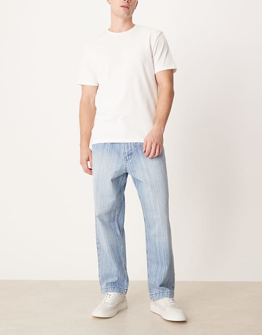 ASOS DESIGN Relaxed Tapered Jeans In Light Wash Blue With Stripe Print