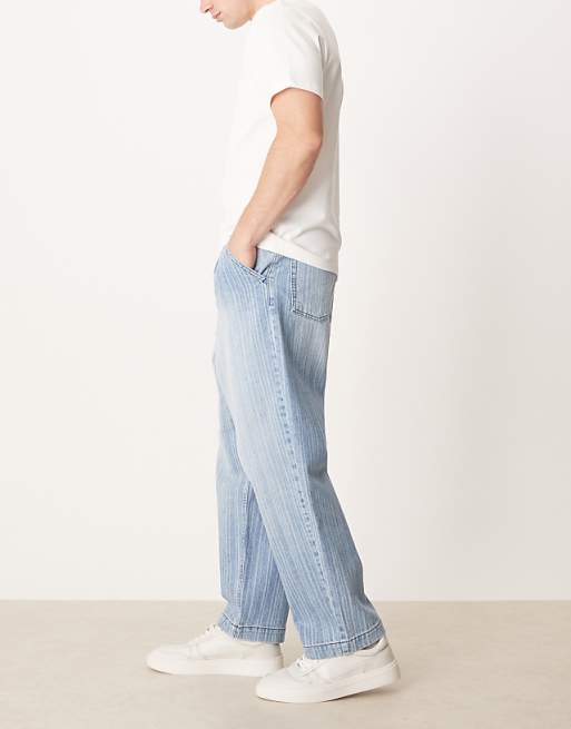 ASOS DESIGN relaxed tapered jeans in light wash blue with stripe print