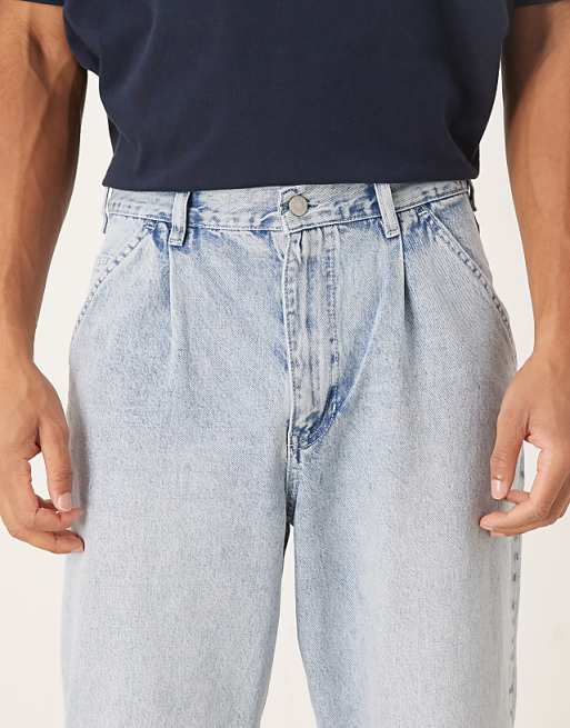 ASOS DESIGN Relaxed Tapered Pleated Jeans In Bleach Wash Denim