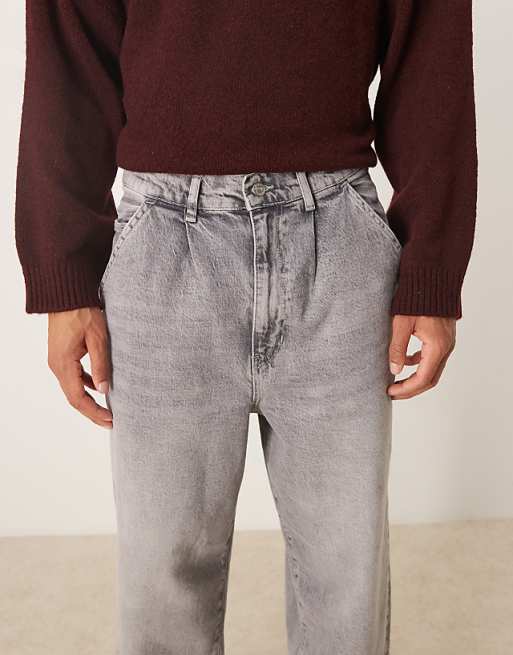 ASOS DESIGN Relaxed Tapered Pleated Jeans In Grey