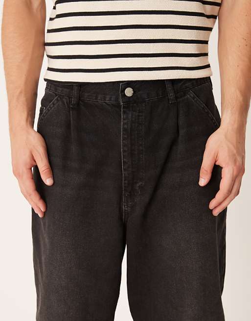 ASOS DESIGN Relaxed Tapered Pleated Jeans In Washed Black