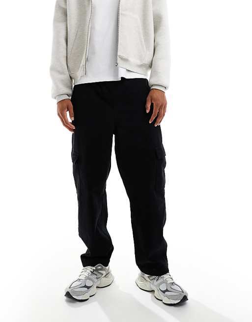 ASOS DESIGN Relaxed Tapered Pull On Cargo Trousers In Black With Pleats