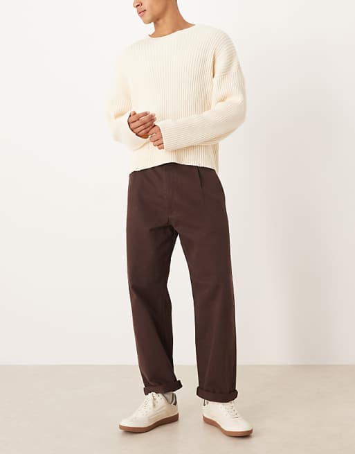 ASOS DESIGN Relaxed Tapered Trousers In Brown With Rolled Hem