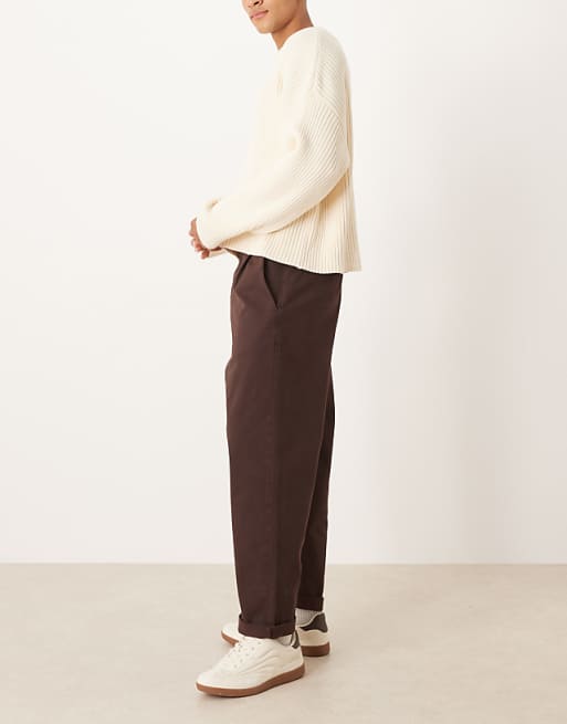 ASOS DESIGN Relaxed Tapered Trousers In Brown With Rolled Hem