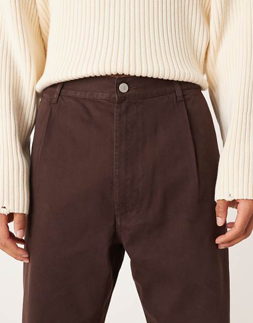 ASOS DESIGN Relaxed Tapered Trousers In Brown With Rolled Hem
