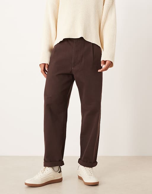 ASOS DESIGN relaxed tapered trousers in brown with rolled hem