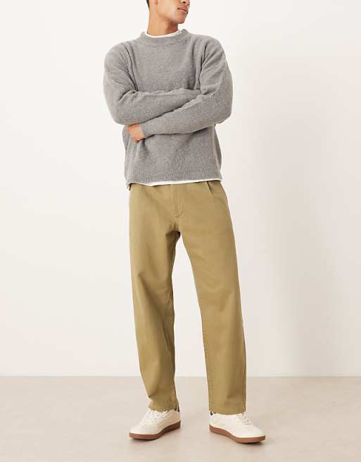 ASOS DESIGN Relaxed Tapered Trousers In Khaki With Rolled Hem