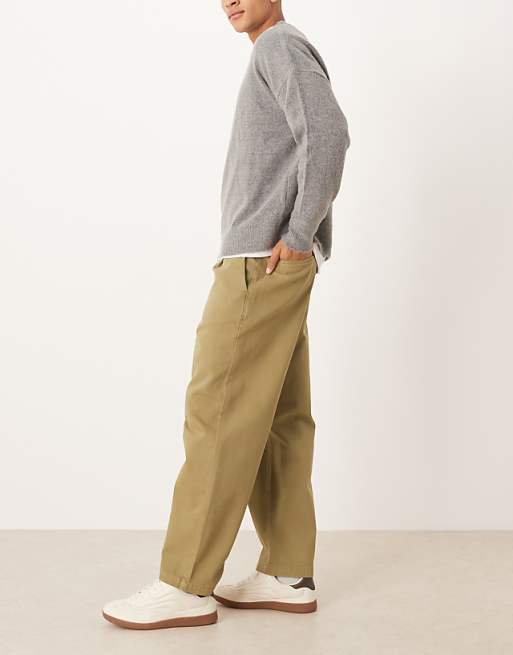 ASOS DESIGN Relaxed Tapered Trousers In Khaki With Rolled Hem